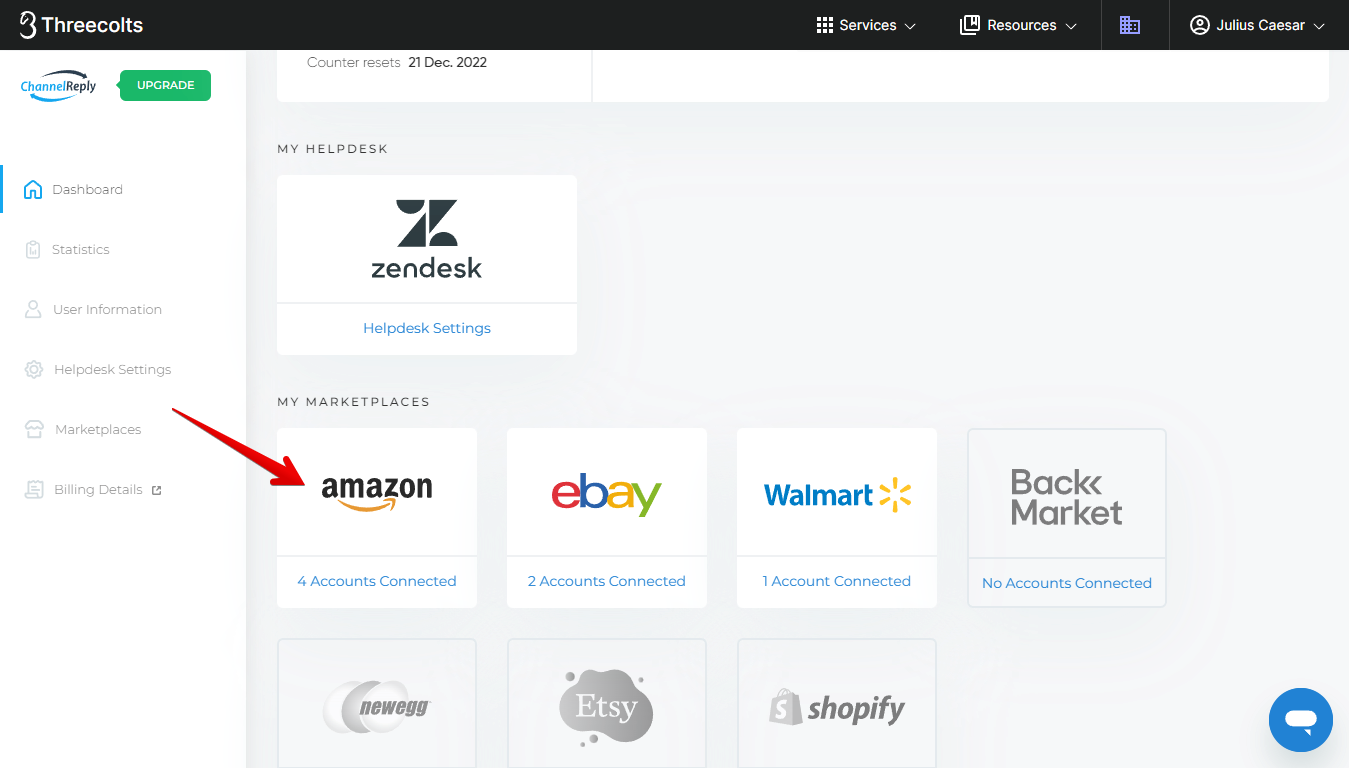 Choosing Amazon on the ChannelReply Dashboard to Find Advanced Configuration Settings