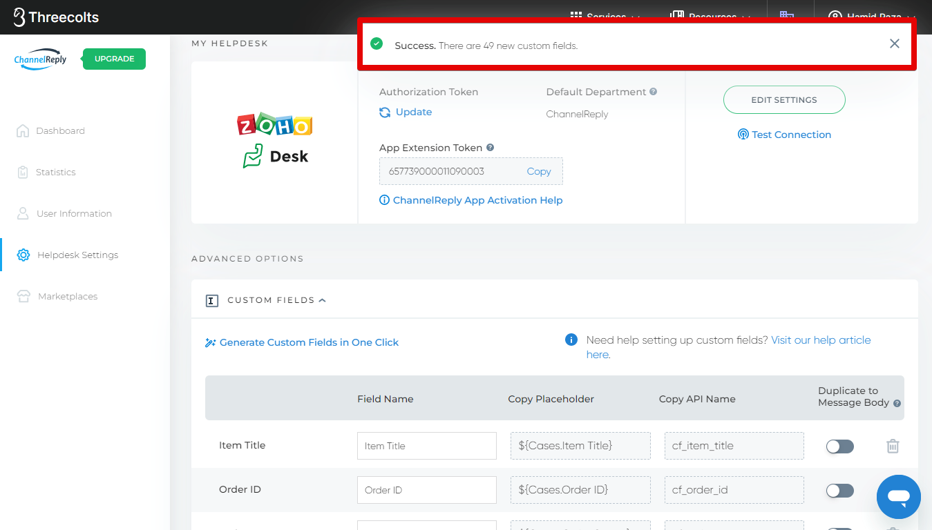 All custom fields generated success notification