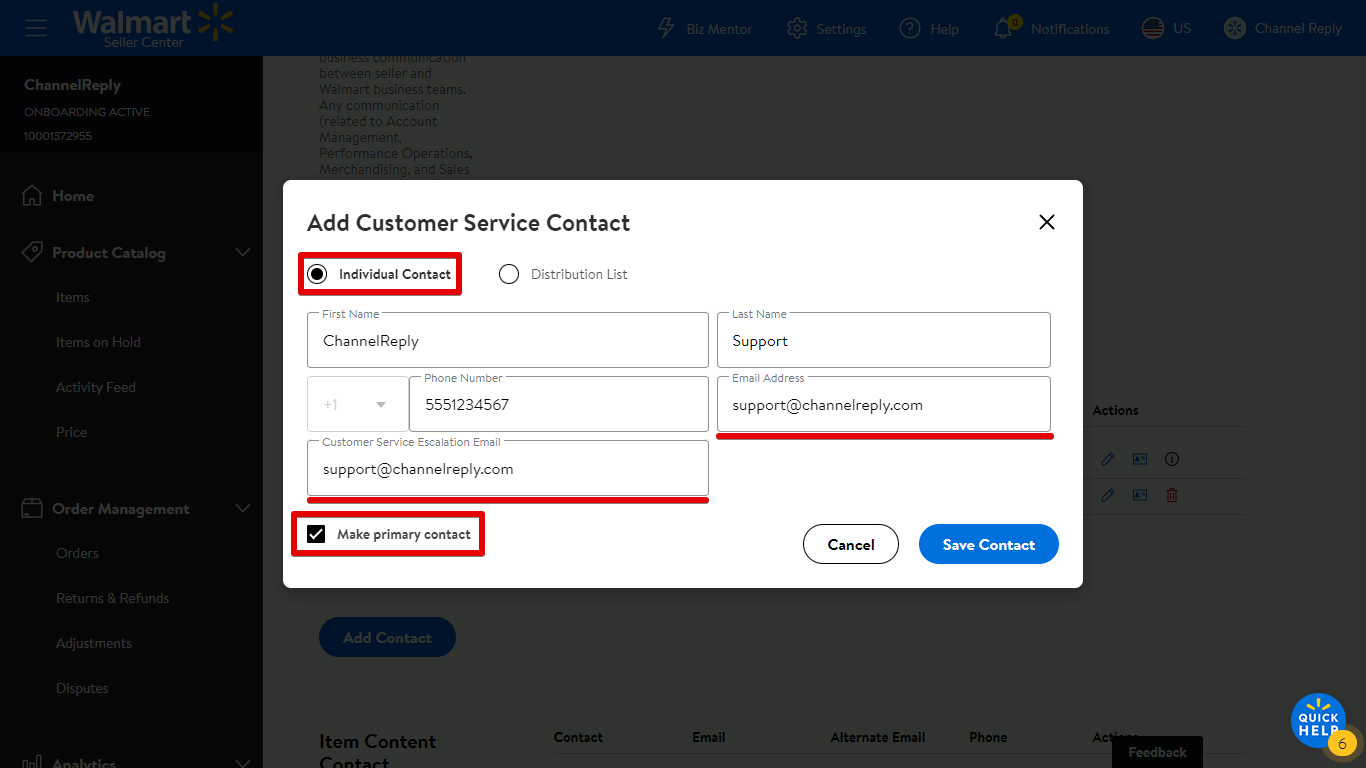 Settings for Add Customer Service Contact