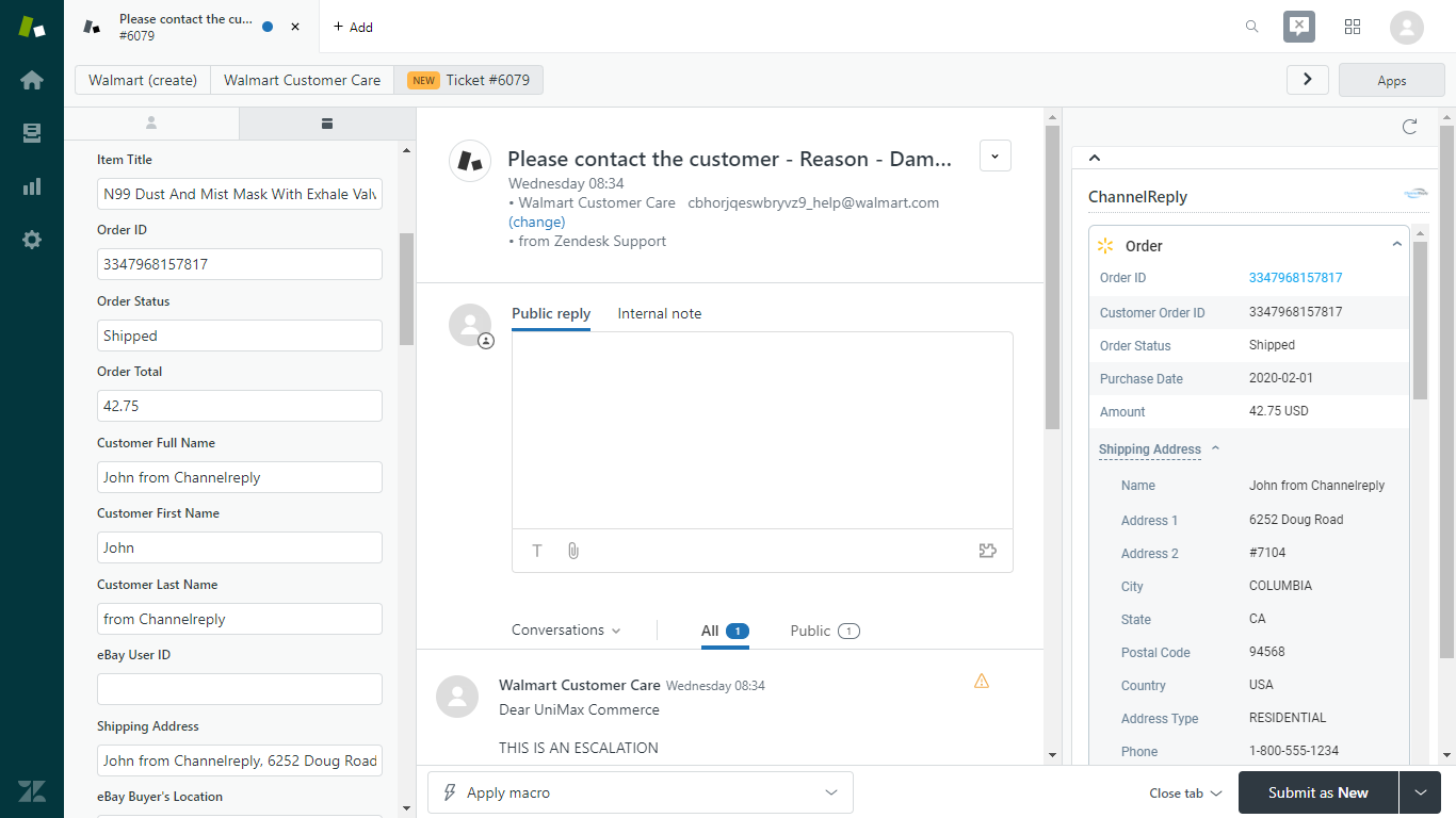 Top of the ChannelReply Zendesk App on a Walmart Ticket