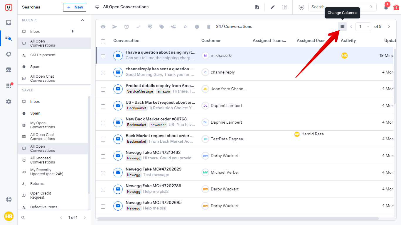 Change Columns button in Kustomer
