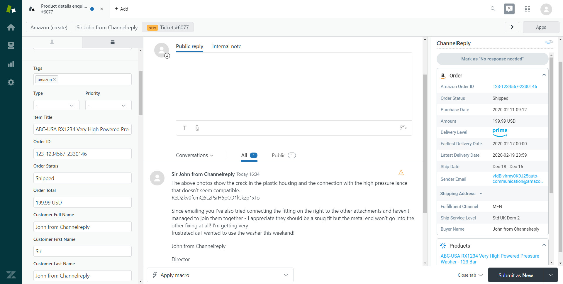 Amazon Ticket in Zendesk with ChannelReply