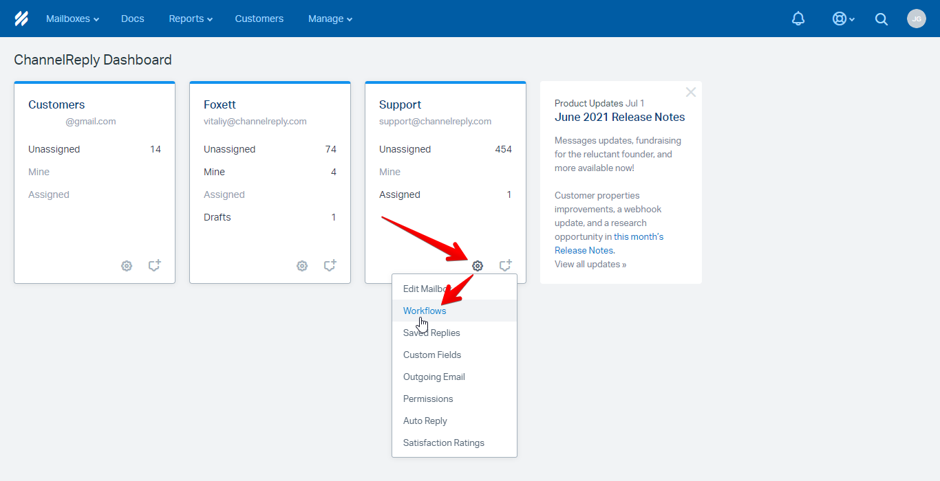Choosing Workflows from the Mailbox Settings Menu in Help Scout