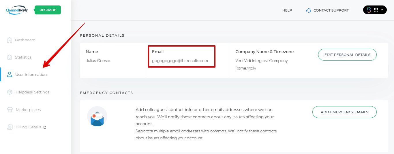 Main email account for a ChannelReply account on the User Information screen
