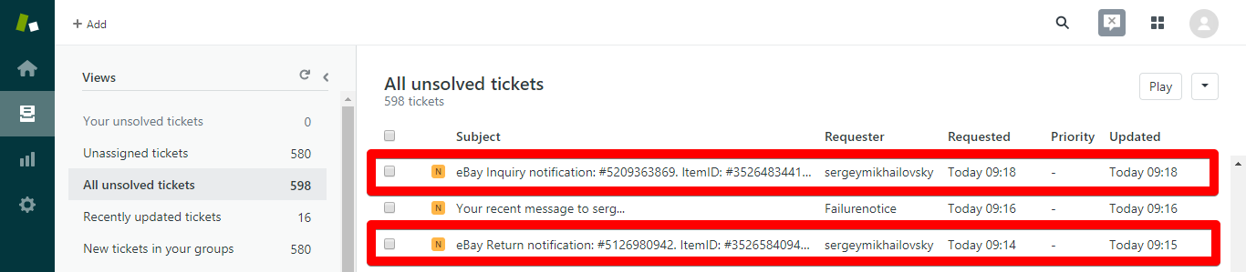 eBay Resolution Center Inquiry and Return Notifications in Zendesk