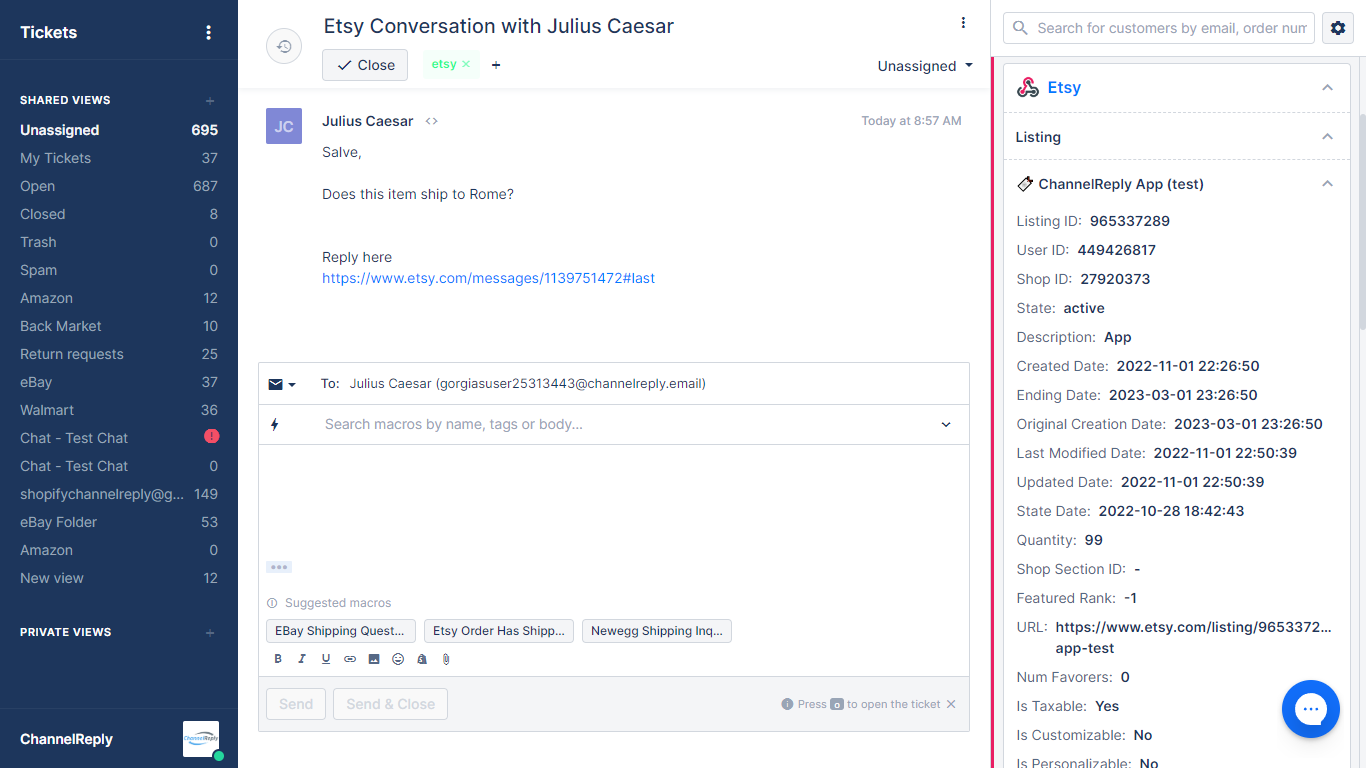 Question sent from an Etsy listing to Gorgias with ChannelReply data