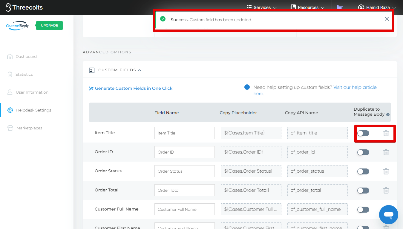 Custom field creation success notification and new options
