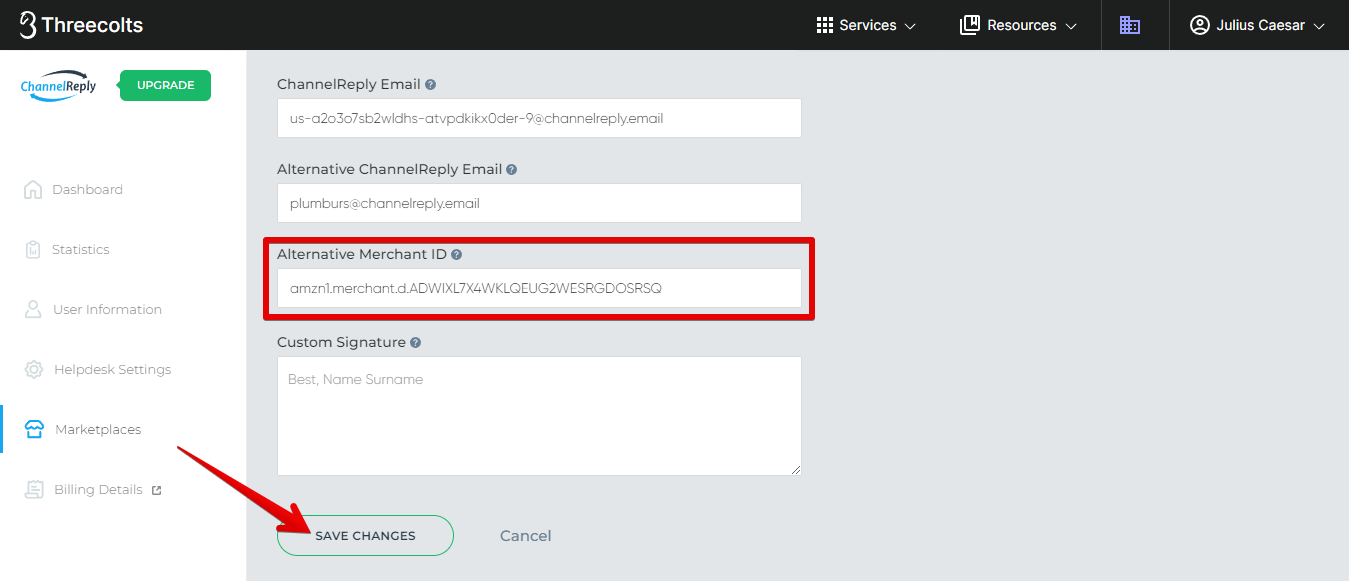 MCID in the Alternative Merchant ID Field and Save Changes Button