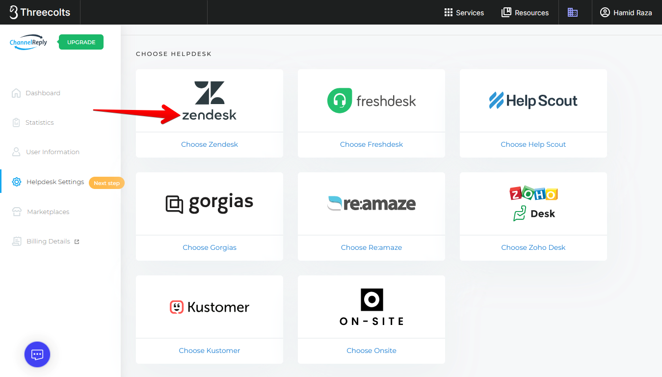 Select Zendesk from the Account Dashboard