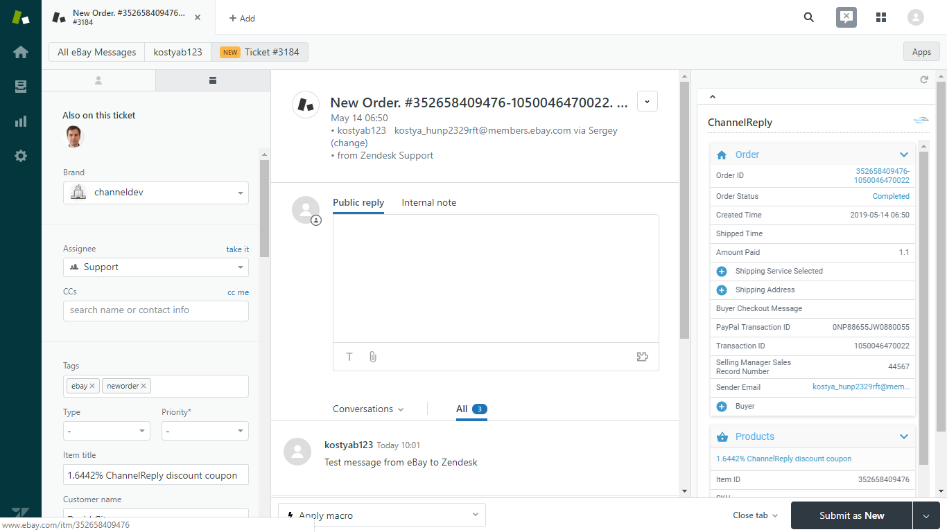 eBay Ticket in Zendesk with ChannelReply