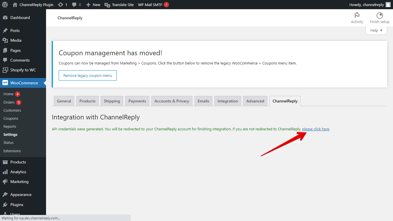 Please click here text on WooCommerce-ChannelReply integration success screen