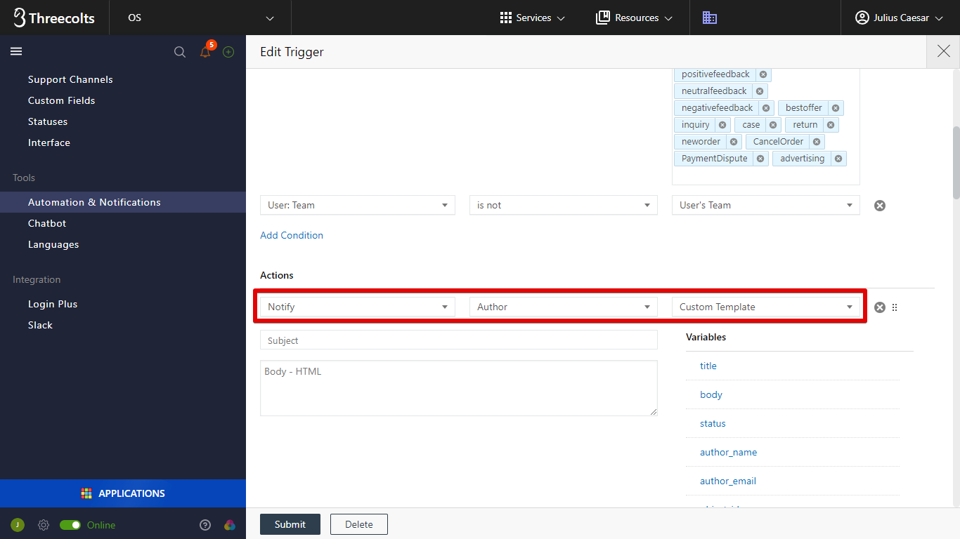 Notify Author Custom Template Action
