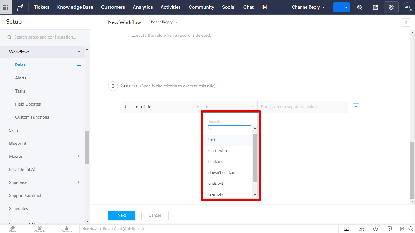 Custom field contains, does not contain, and other options for Zoho workflows