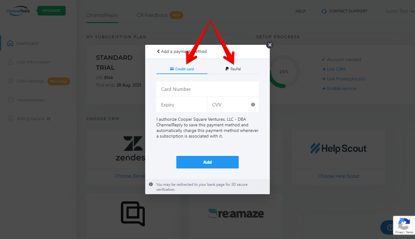 Choose Credit Card or PayPal