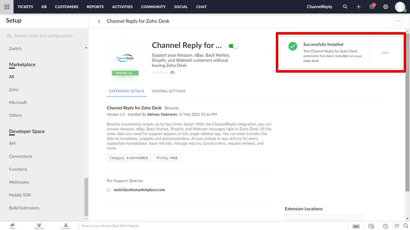 ChannelReply app installation success screen in Zoho Desk