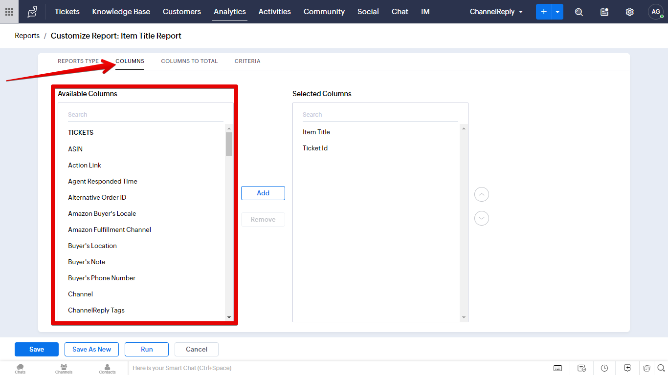 Columns and Available Columns table for reports