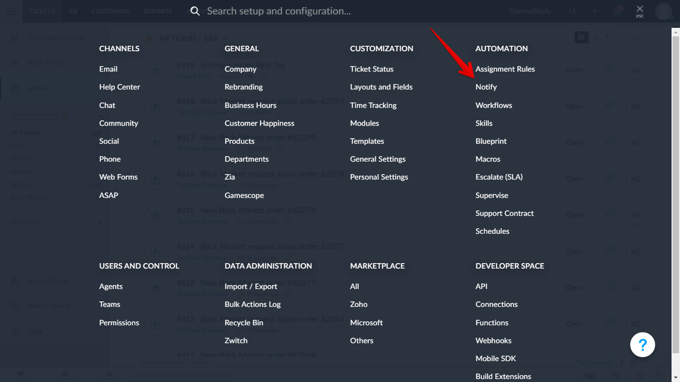 Notify under Automation in Zoho Desk Setup