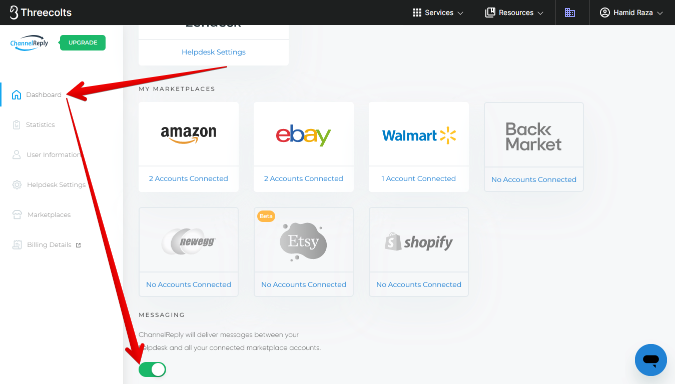 Messaging slider on the ChannelReply dashboard
