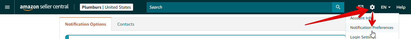 Seller Central Gear Icon and Notification Preferences