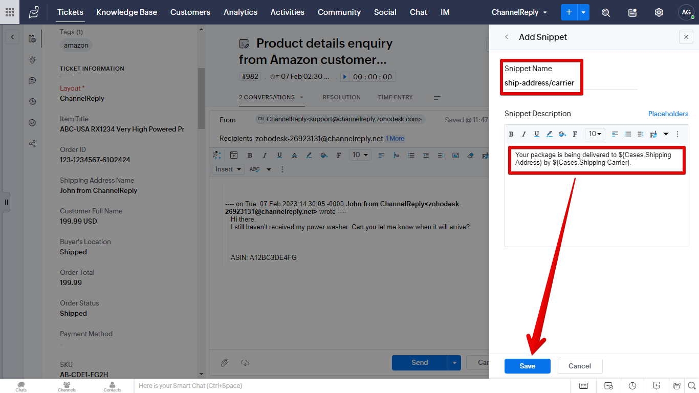 Naming, creating, and saving a snippet with custom field placeholders