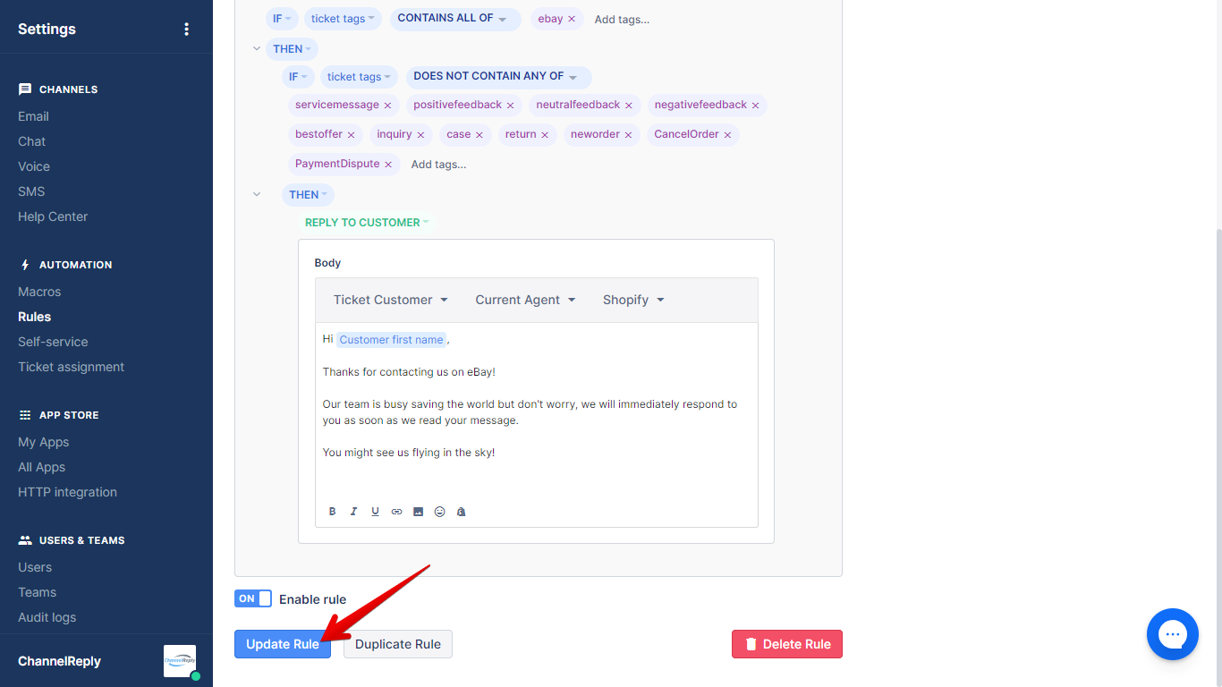 Update Rule Button
