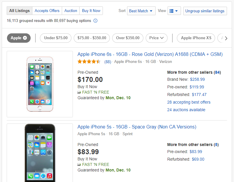 eBay Product-Based Shopping Search Results