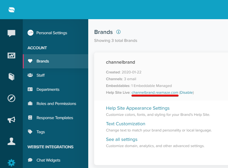 Re:amaze Domain on Brand Tile