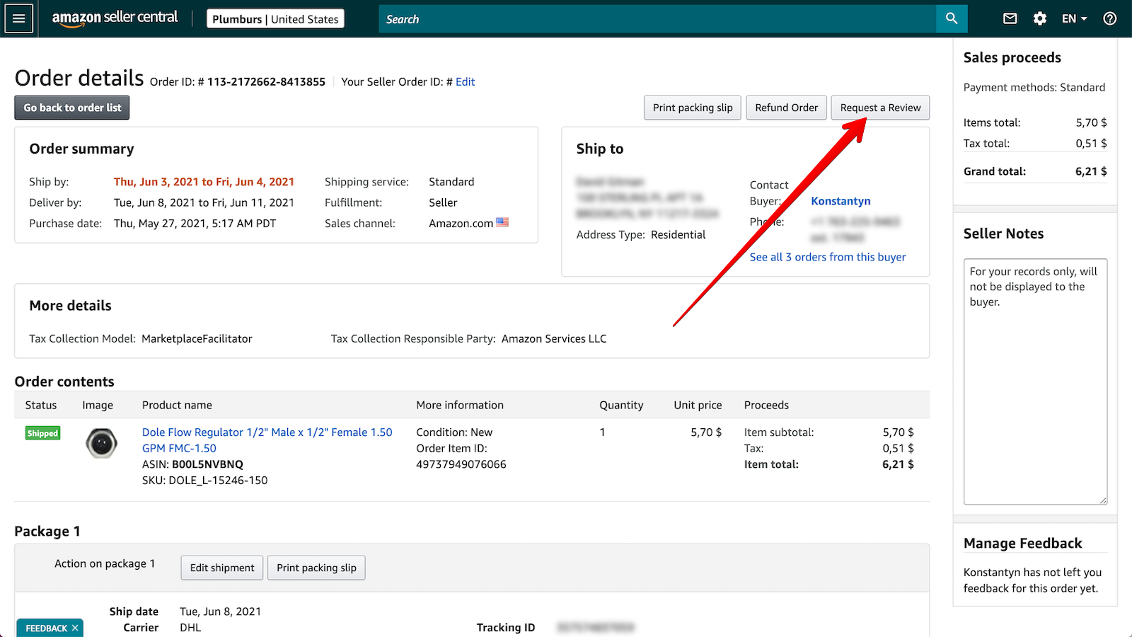 Request a Review button in Amazon Seller Central