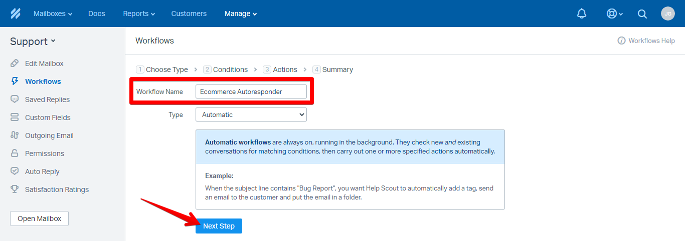 Workflow Name Field and Next Step Button