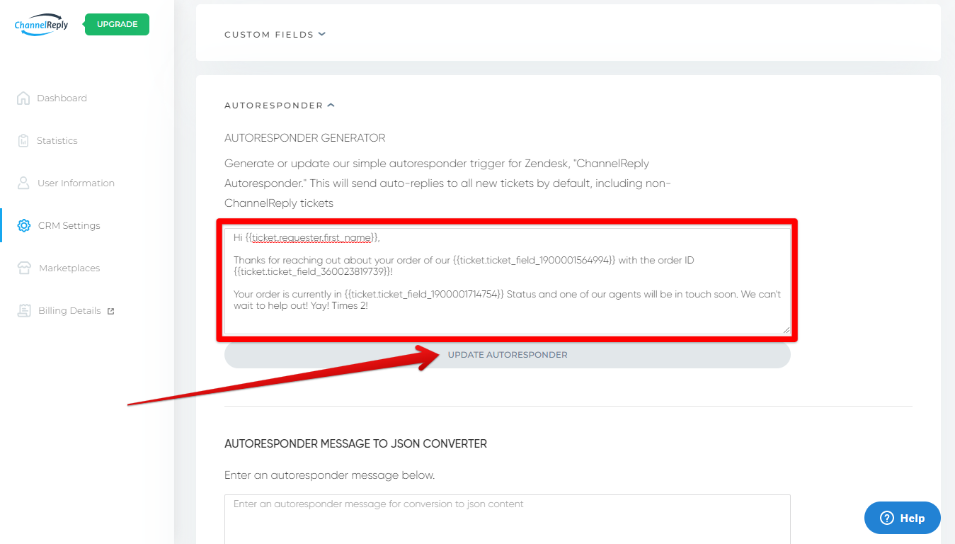 UPDATE AUTORESPONDER button