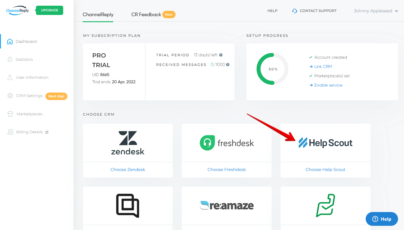 Help Scout Integration Option on the ChannelReply Dashboard