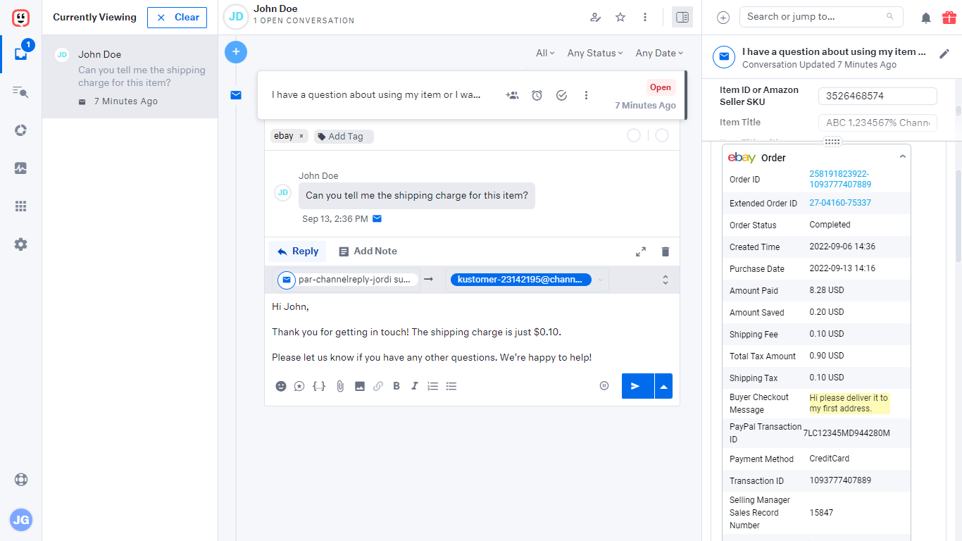 An eBay message in Kustomer with ChannelReply app on the right