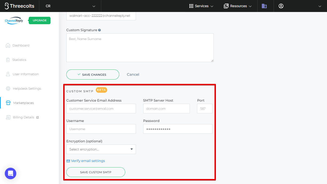 Custom SMTP Details for Walmart in ChannelReply