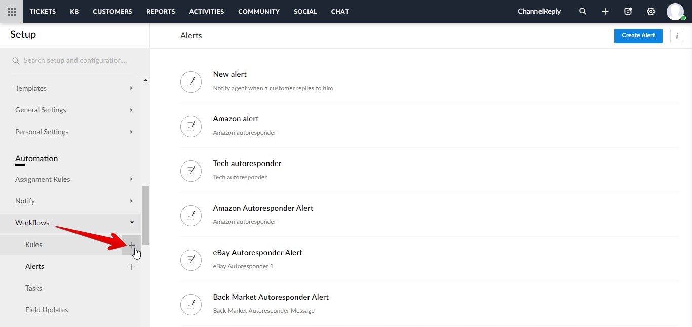 Plus sign appearing next to Rules when moused over in the Workflows submenu