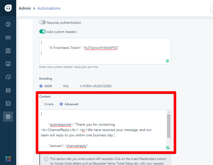 Advanced Content settings in Freshdesk automations