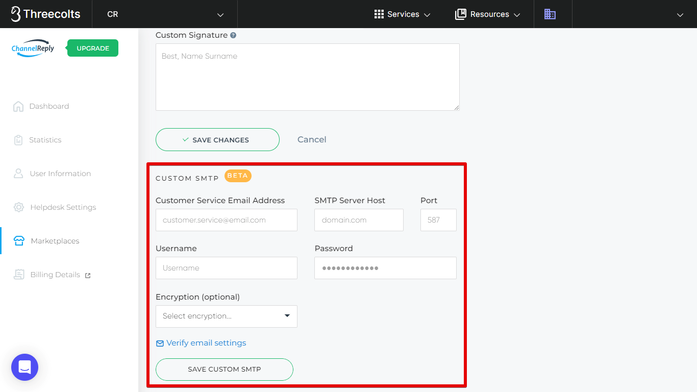 Walmart Custom SMTP Settings in ChannelReply