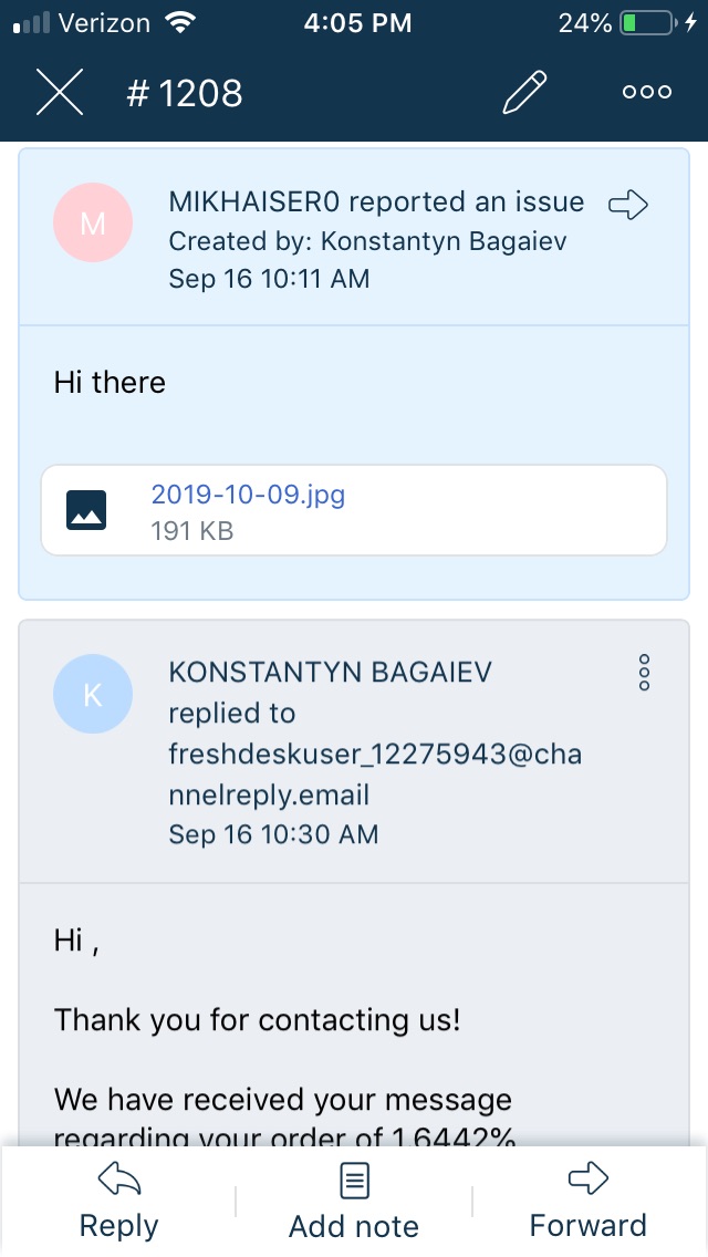 An eBay Ticket on the Freshdesk Mobile App