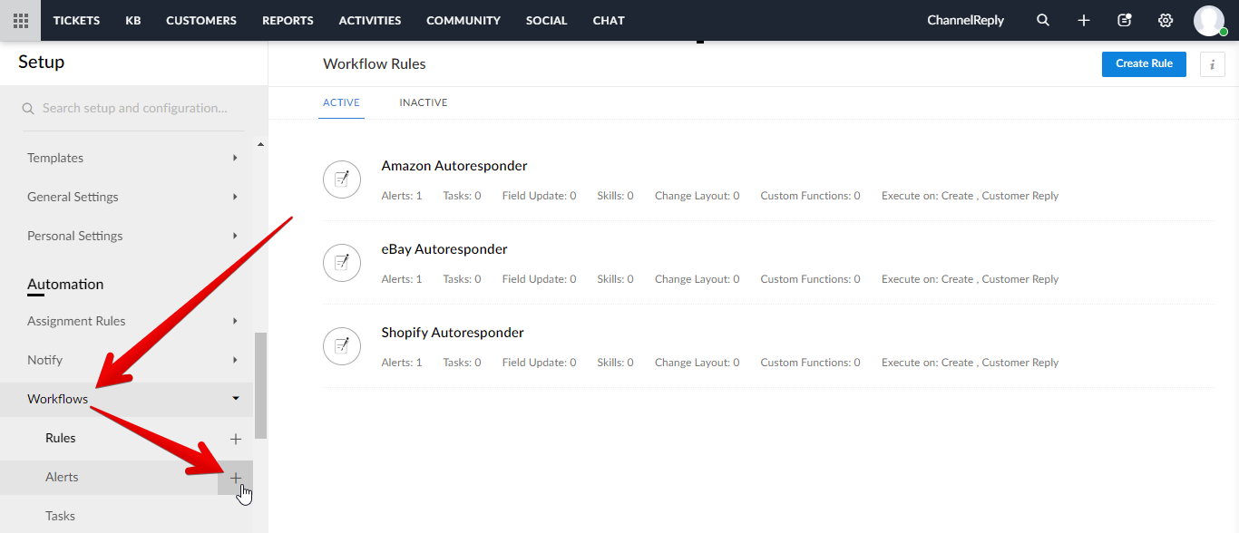 Workflows dropdown menu and plus sign appearing next to Alerts when moused over