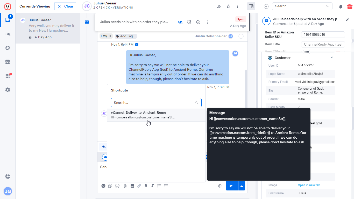 An Etsy message in Kustomer with shortcut menu opened