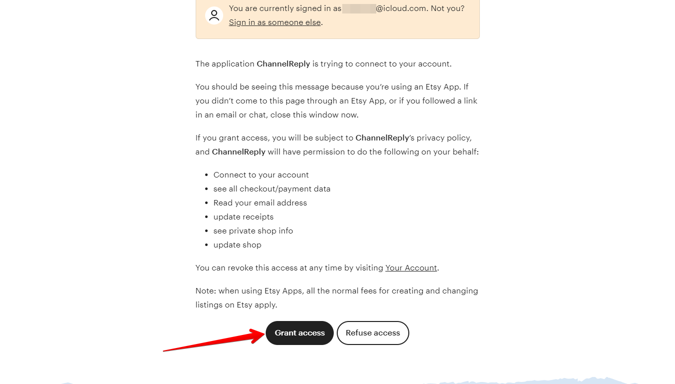 Grant access button in Etsy