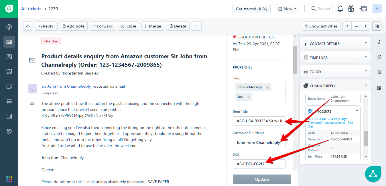 Data Passed from the ChannelReply App to Freshdesk Ticket Properties