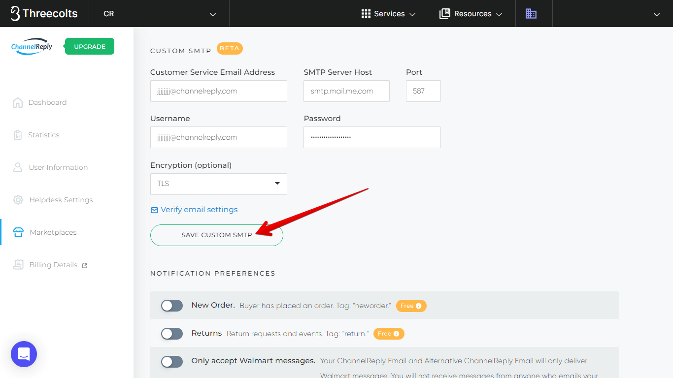 Save Custom SMTP Button