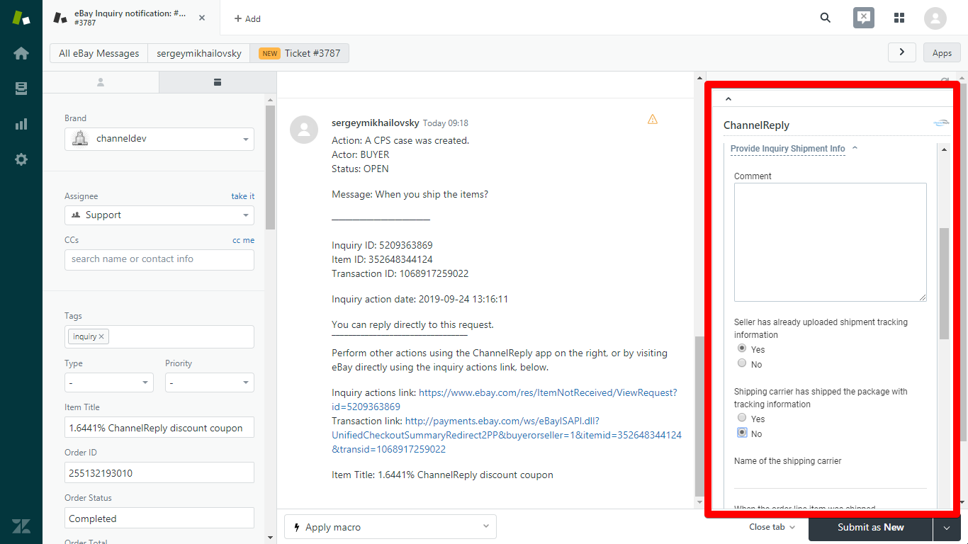 Provide eBay Inquiry Shipment Info in Zendesk