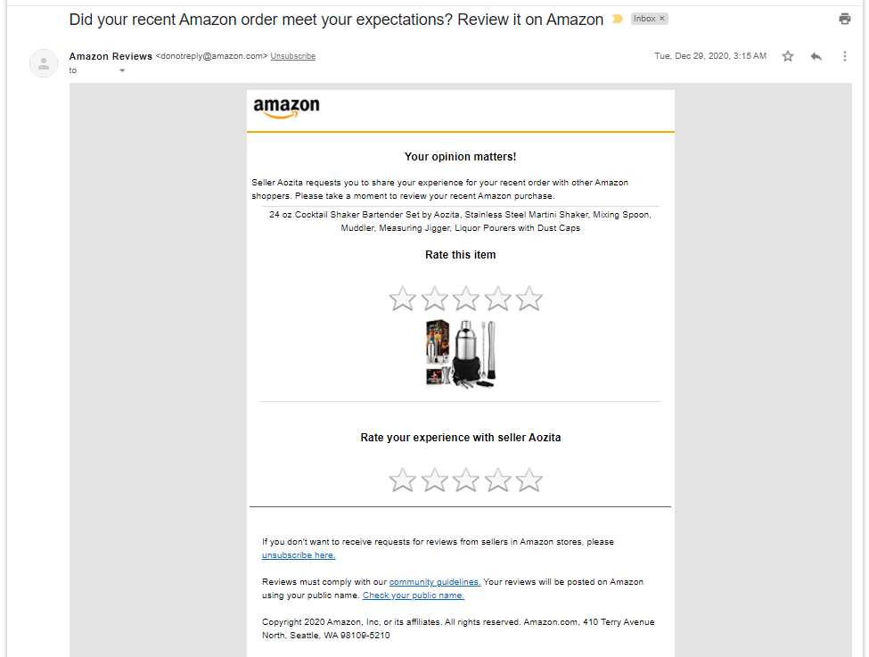An Amazon email created using Request a Review