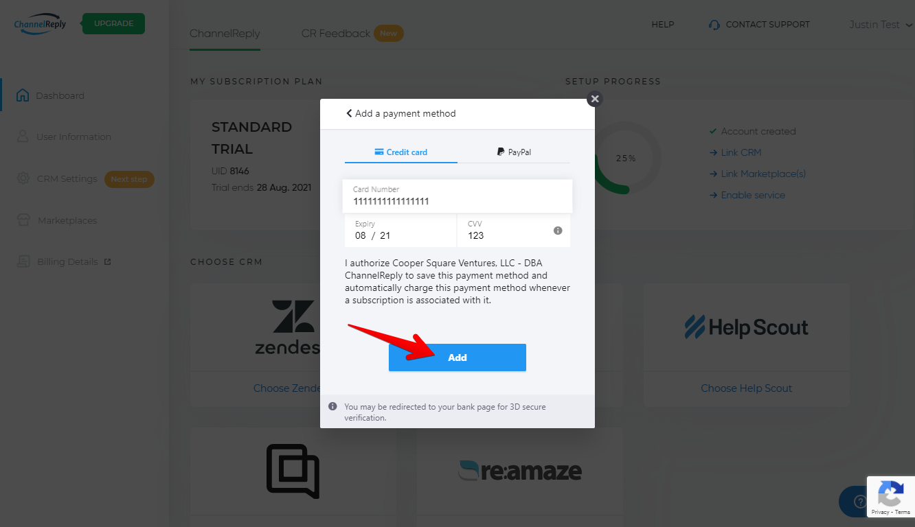 Add Credit Card to ChannelReply Account