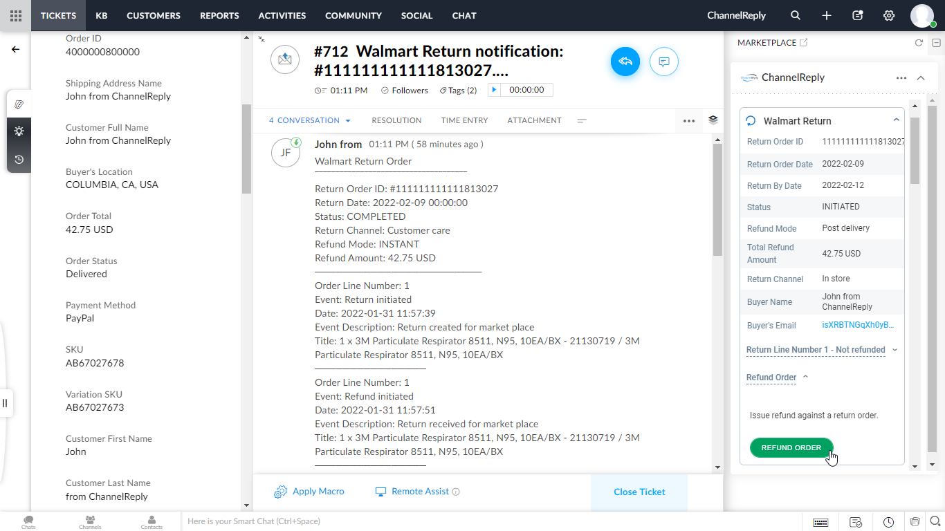 Refunding a Walmart return in Zoho Desk
