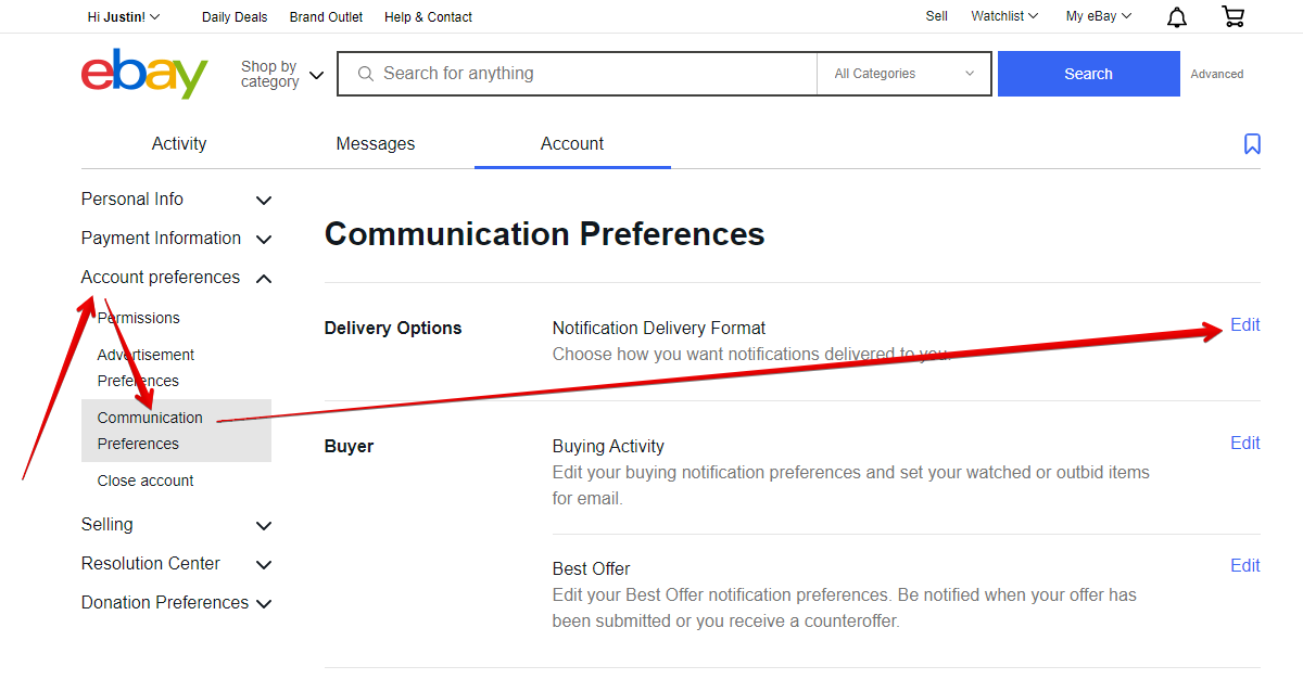 eBay Account Preferences, Communication Preferences, and Delivery Options Edit Button