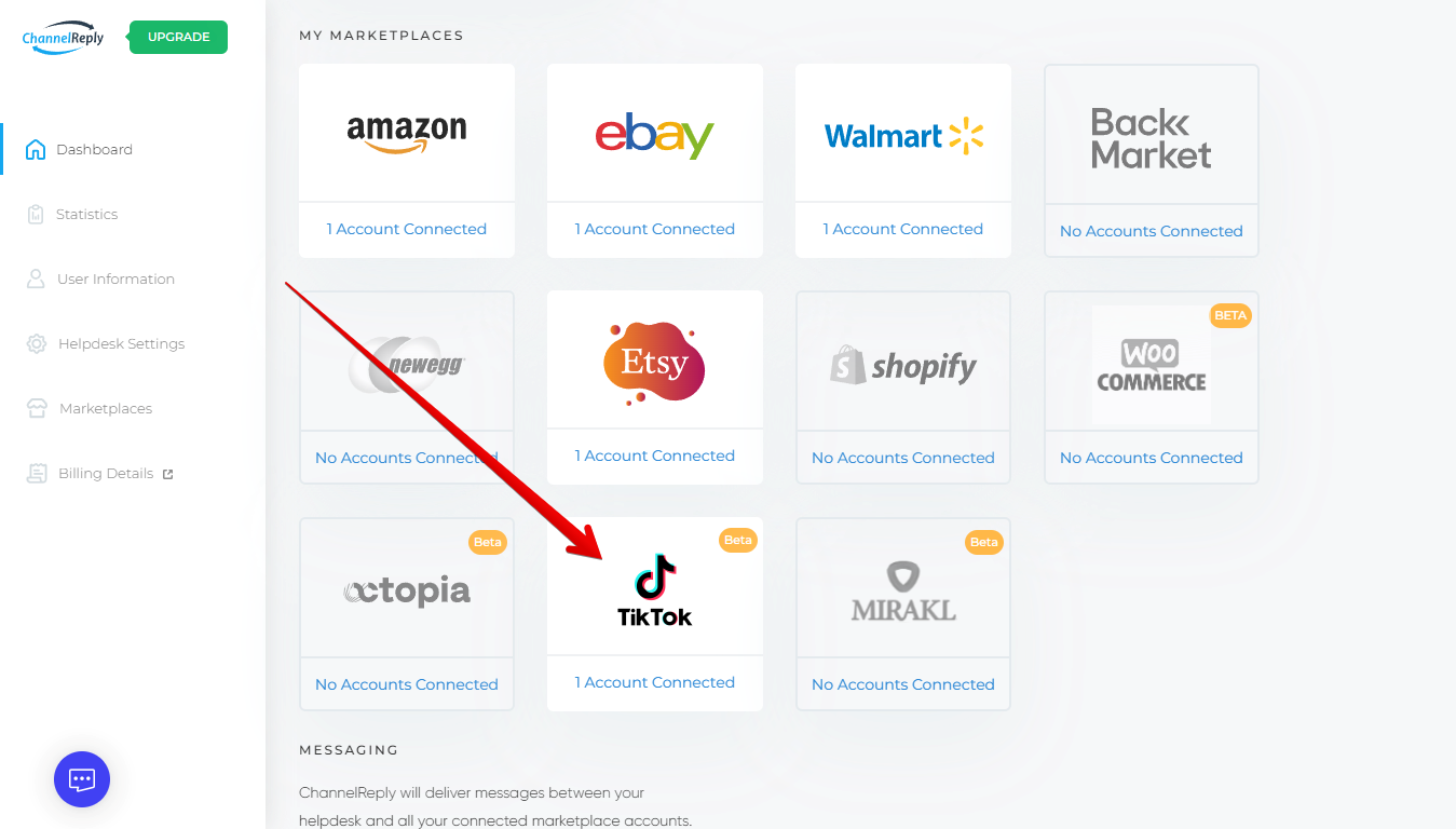 TikTok with connected account on the ChannelReply dashboard