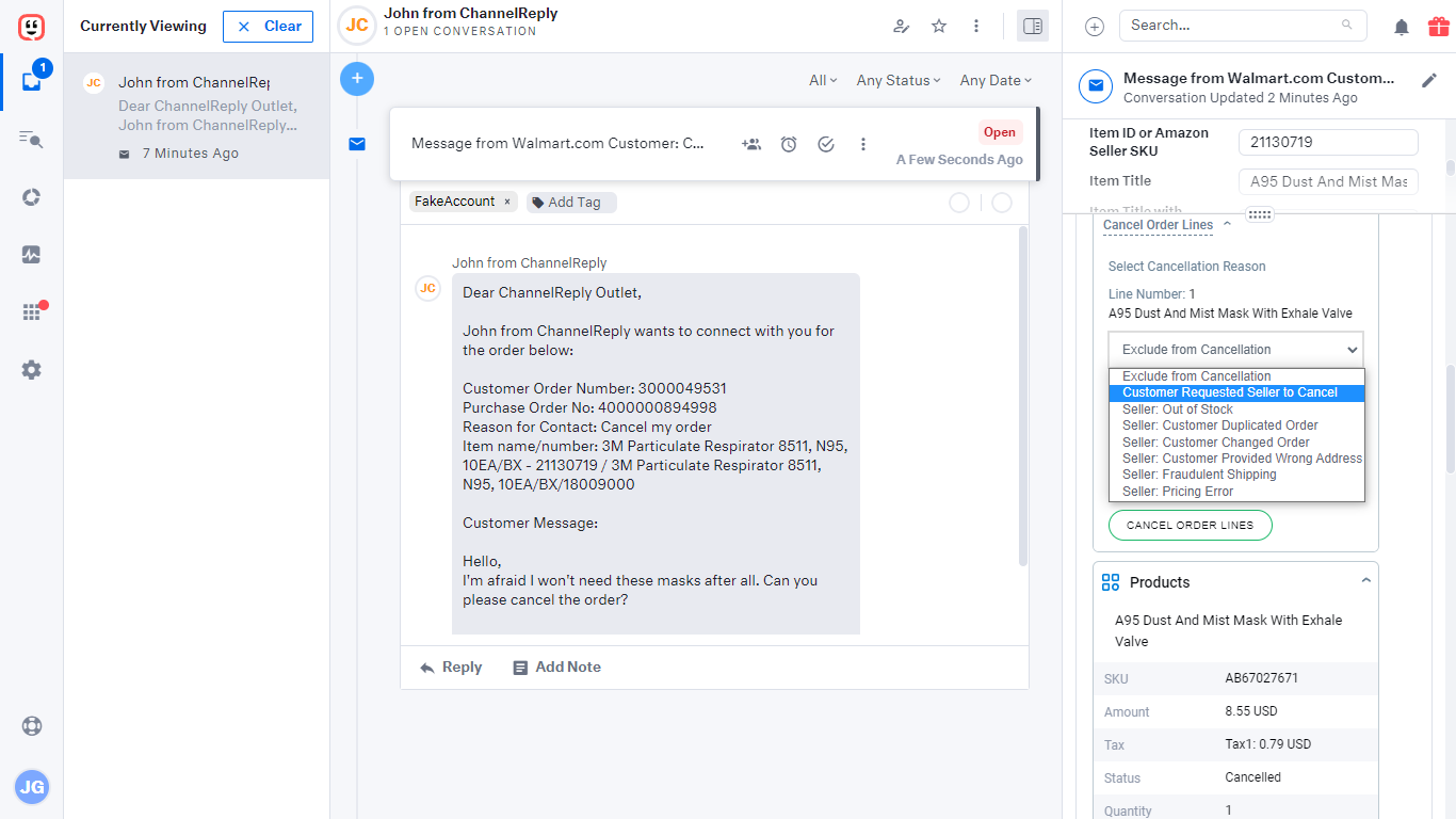 Choosing a cancel reason in ChannelReply app on a Walmart ticket in Kustomer