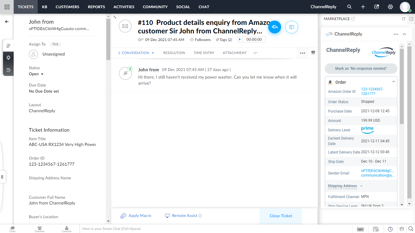 Amazon message in Zoho Desk with order data from ChannelReply